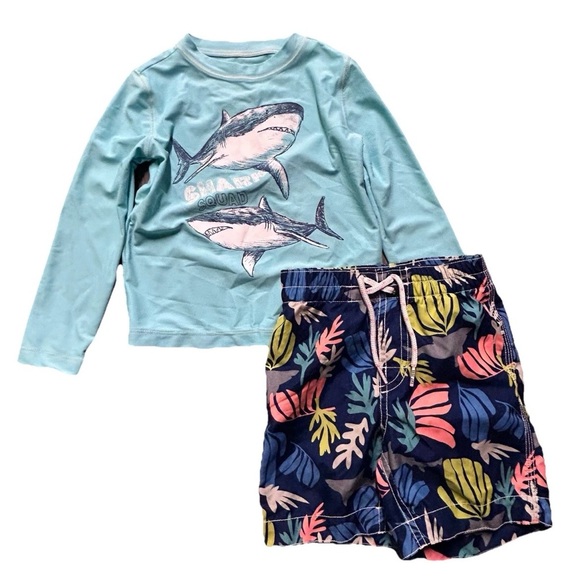 OshKosh B'gosh Other - Toddler Boy Summer Swim Rash Guard Swim Trunks Sharks Floral 3T